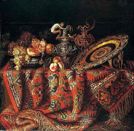Jacques Hupin A still life of peaches, grapes and pomegranates in a pewter bowl, an ornate ormolu plate and ewers, all resting on a table draped with a carpet china oil painting image